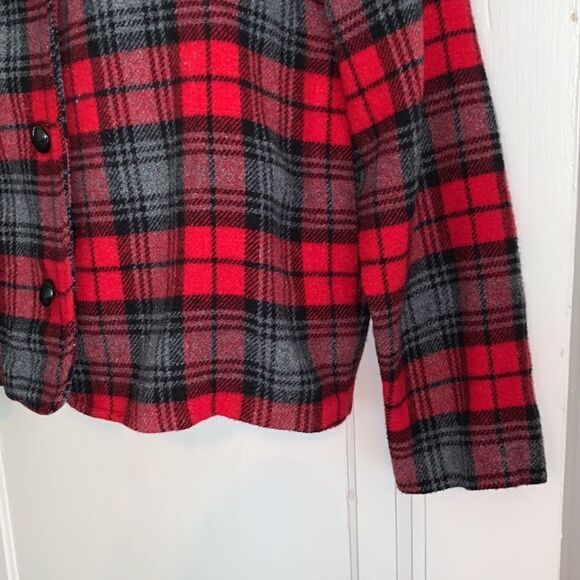Vtg 90s Fresno Sport red & black plaid wool short jacket - Picture 3 of 8